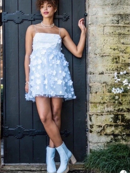 Altar'd State Dresses & Skirts - Altar’d State Aurora Floral Mesh Babydoll Dress Baby Blue Size Medium